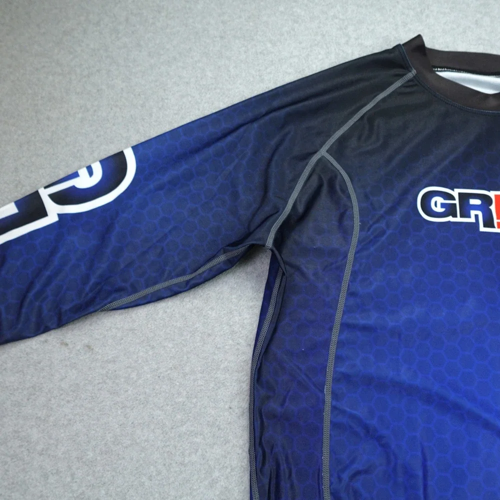 Grips Rash Guard Mens Small Blue Black Honeycomb Athletic‎ Compression Shirt BJJ